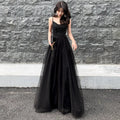 Abito lungo da sera nero in tulle con perline, abito da ballo nero Y1134