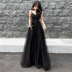 Abito lungo da sera nero in tulle con perline, abito da ballo nero Y1134