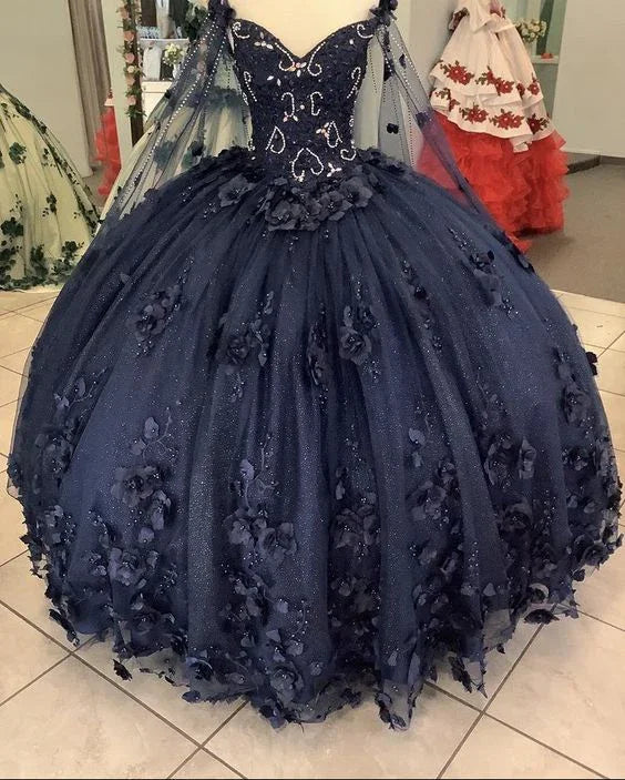 Damen Marineblaue Quinceañera-Kleider mit Applikationen Perlenverzierte Kleider 3D-Blumen Ballkleid, Y2480