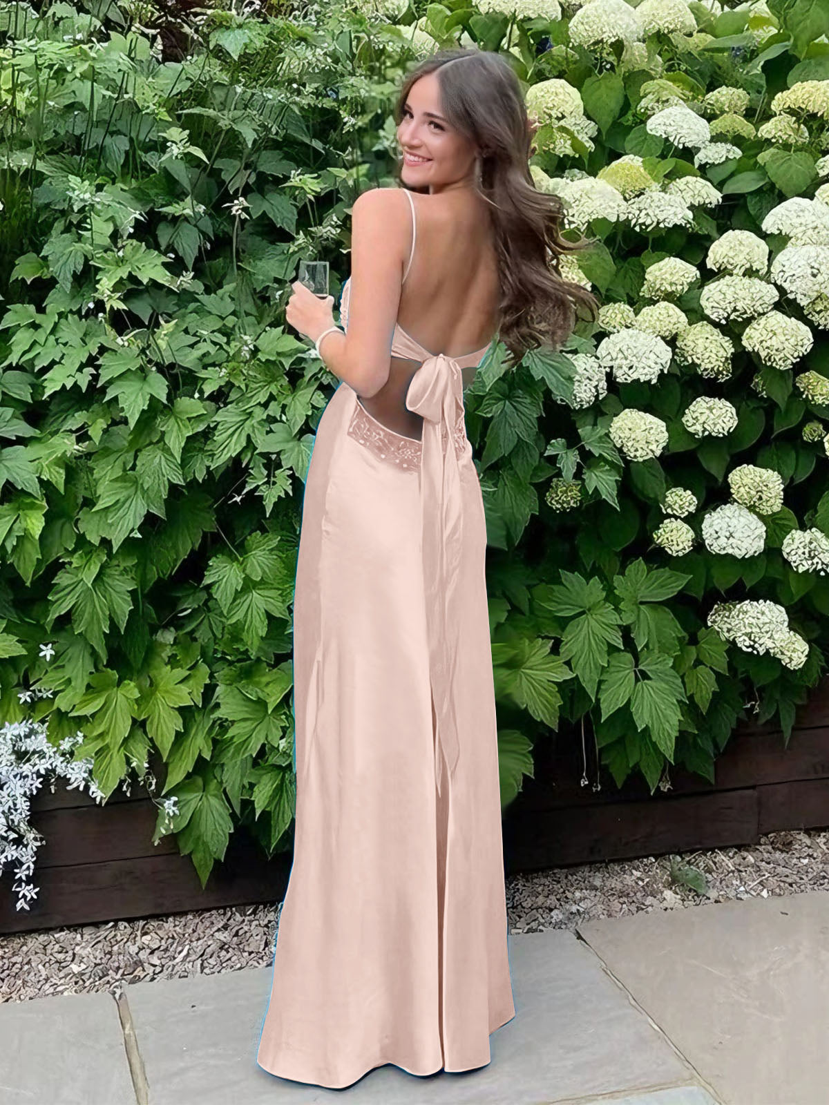 Blue A Line V Neck Beaded Back Tie Long Prom Dress
