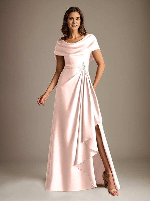 Robe de mère de la mariée en satin extensible, longueur au sol, coupe en A avec encolure dégagée et volants en cascade
