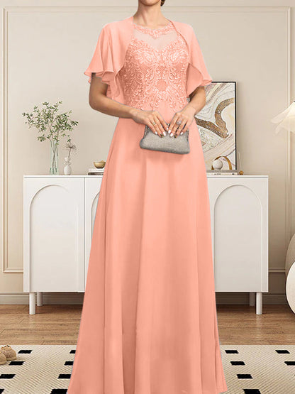 A-Linie, U-Ausschnitt, Illusion, bodenlanges Spitzen-Chiffon-Kleid für die Brautmutter mit Pailletten