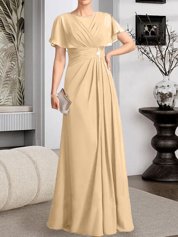 Robe de mère de la mariée en mousseline, longueur au sol, en ligne A, décolleté arrondi, ornée de perles plissées