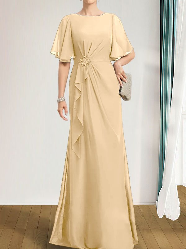 Robe de mère de la mariée en mousseline longueur au sol, en ligne A, décolleté arrondi, avec volants en cascade, perles et paillettes