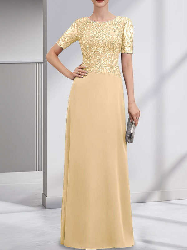 Robe de mère de la mariée en dentelle et mousseline, longueur au sol, en ligne A, décolleté en U, ornée de paillettes