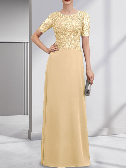 A-Linie U-Ausschnitt Bodenlang Spitzen-Chiffon-Kleid für die Brautmutter mit Pailletten