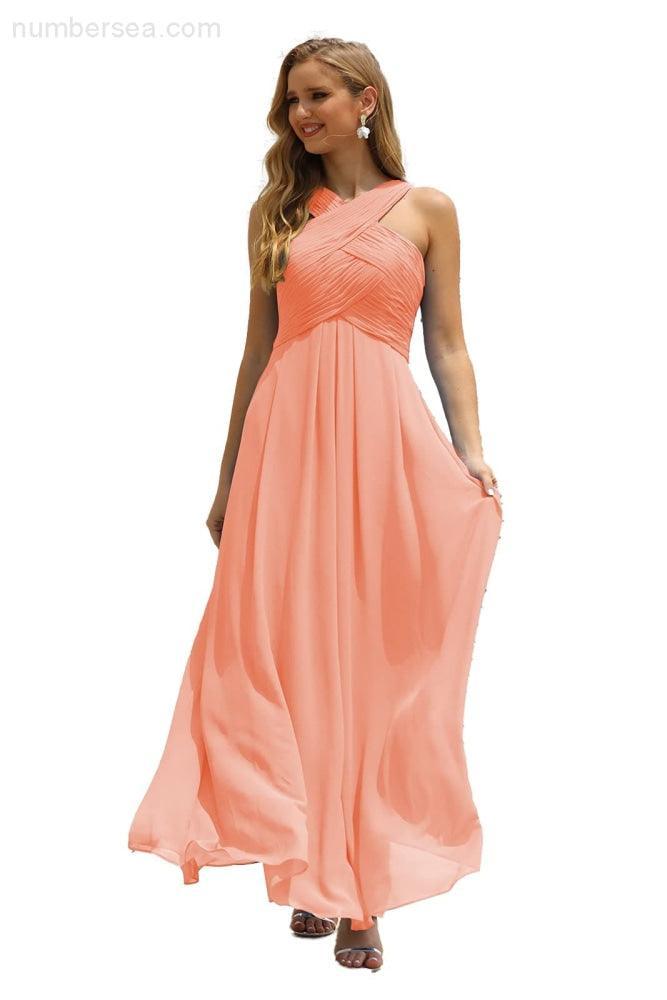 Vestido de Dama de Honra Halter em Chiffon para Mulher, Modelo A-Line, Longo, Formal, para Baile de Finalistas SEA28015