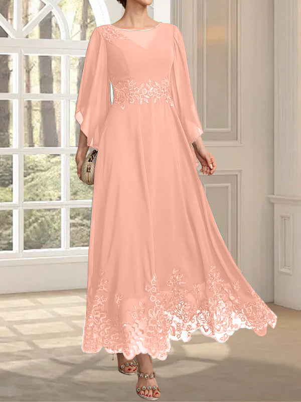 A-Linie, U-Ausschnitt, Illusion, knöchellang, Spitzen-Chiffon, Kleid für die Brautmutter mit Pailletten 