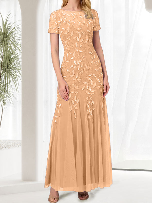 Vestido largo de sirena azul con cuello redondo para madre de la novia con cuentas