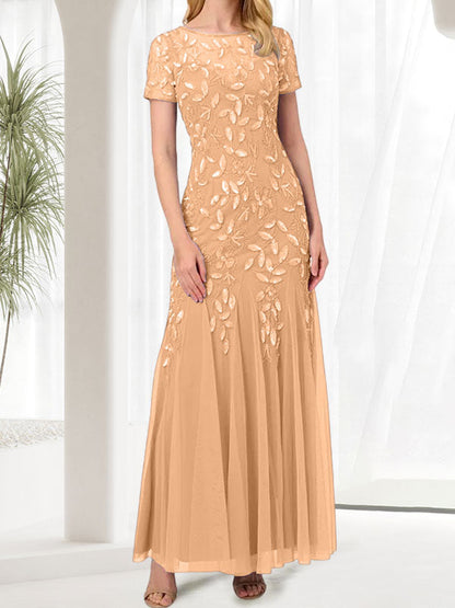 Vestido largo de sirena azul con cuello redondo para madre de la novia con cuentas