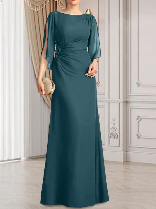 Vestido de madrina de novia de gasa largo hasta el suelo con corte columna y fajín plisado con cuentas