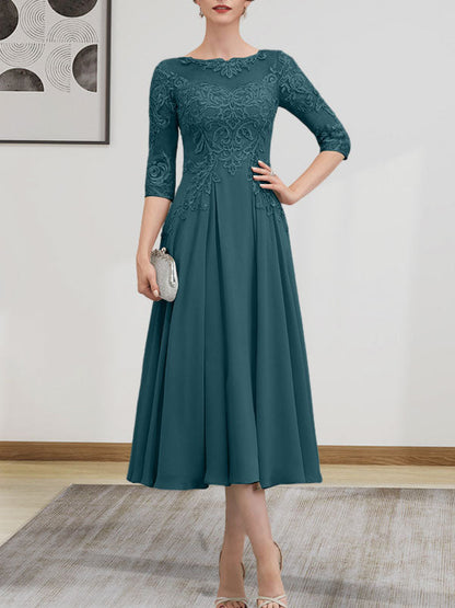 A-Linie, U-Ausschnitt, Illusion, knielang, Chiffon, Spitze, Kleid für die Brautmutter mit Perlen und Pailletten