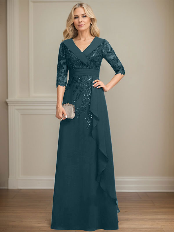 Robe de mère de la mariée en mousseline de soie à col en V, longueur au sol, ligne A, avec dentelle, paillettes et volants en cascade