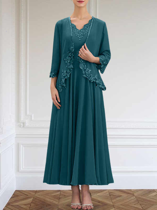 Robe de mère de la mariée en mousseline, ligne A, col en V, longueur cheville, ornée de paillettes, appliques en dentelle et perles