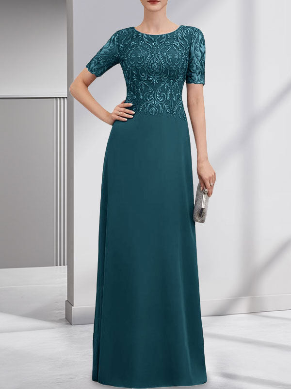 Robe de mère de la mariée en dentelle et mousseline, longueur au sol, en ligne A, décolleté en U, ornée de paillettes
