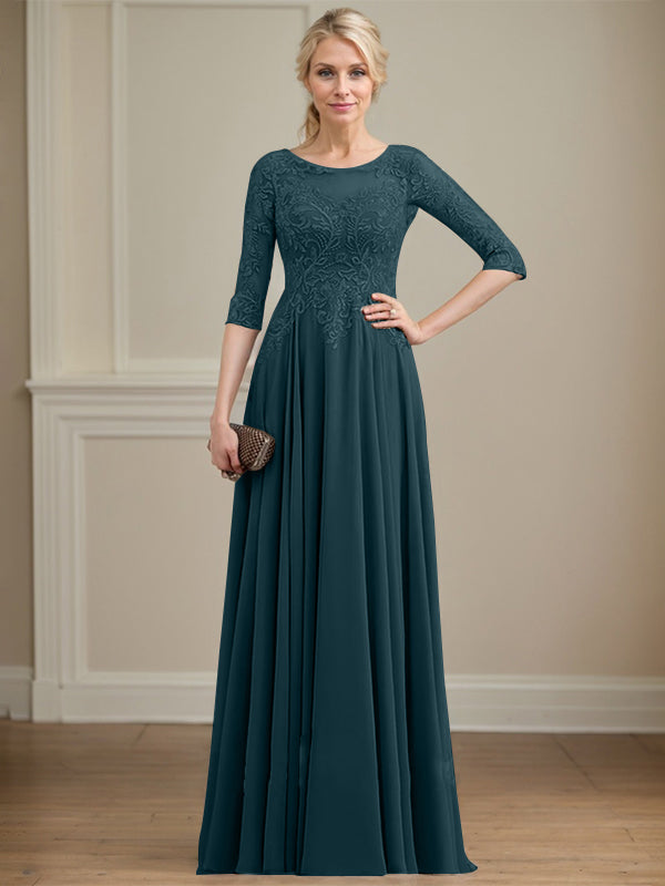 A-Linie, U-Ausschnitt, Illusion, bodenlanges Spitzen-Chiffon-Kleid für die Brautmutter mit Pailletten 