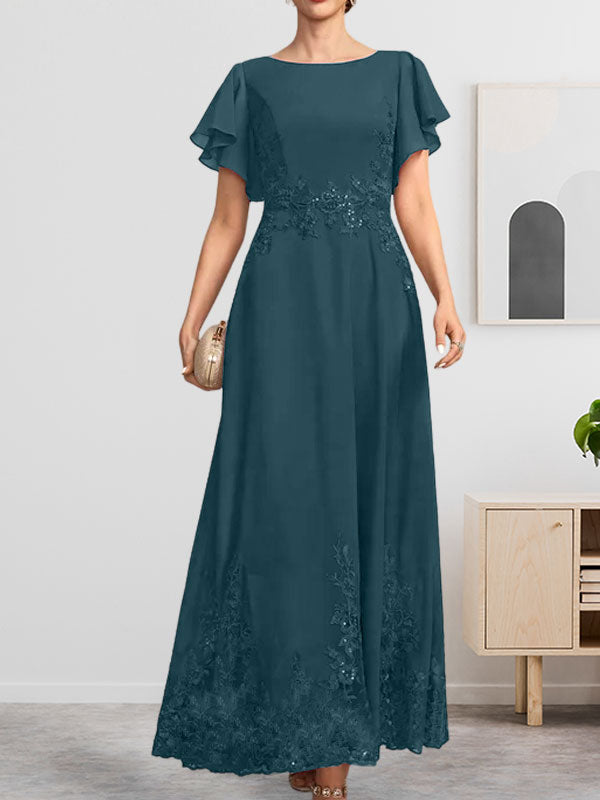 Robe de mère de la mariée en mousseline de soie à dentelle, longueur cheville, en forme trapèze avec décolleté arrondi et paillettes