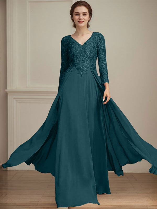 A-Linie V-Ausschnitt Bodenlanges Spitzen-Chiffon-Kleid für die Brautmutter mit Pailletten 