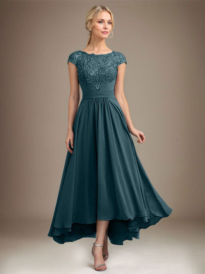 A-Linie U-Ausschnitt Illusion Asymmetrische Spitze Chiffon Mutter der Braut Kleid Mit Plissee 