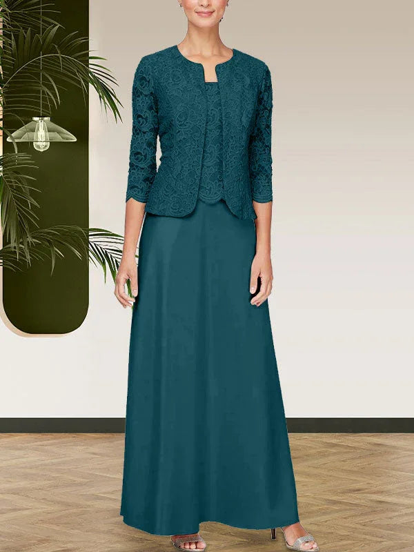 فستان مع جاكيت تنورة من الدانتيل اللامع والساتان مع جاكيت مفتوح