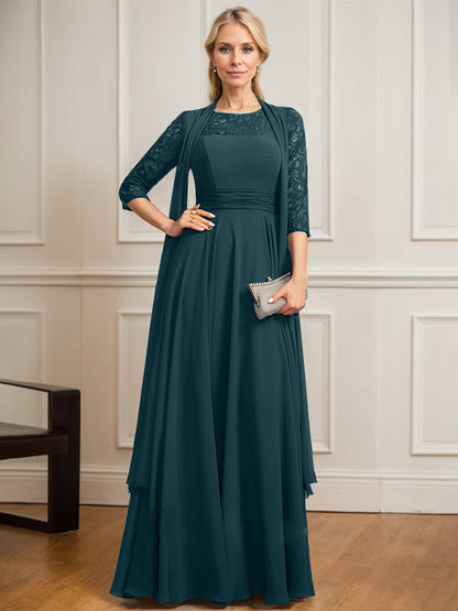 A-Linie U-Ausschnitt Illusion Bodenlang Spitze Chiffon Mutter der Braut Kleid Mit Plissee 