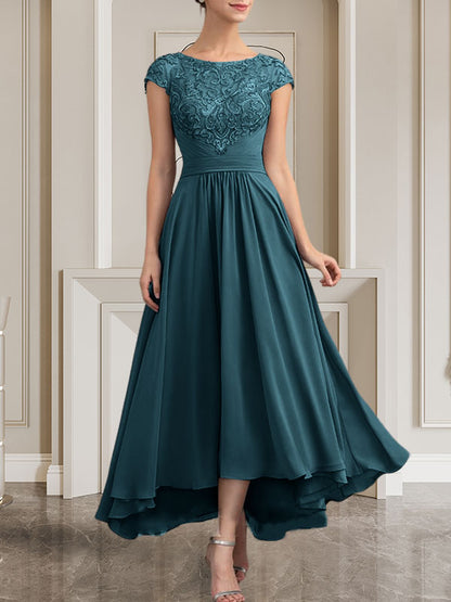 A-Linie U-Ausschnitt Bodenlang Spitzen-Chiffon-Kleid für die Brautmutter mit Pailletten