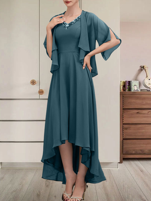 Vestido de gasa asimétrico para madre de la novia con escote en V, corte A y lentejuelas con abalorios