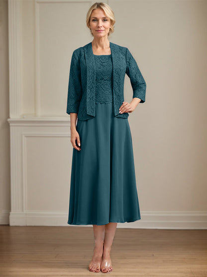 A-Linie U-Ausschnitt Wadenlang Chiffon-Kleid für die Brautmutter 