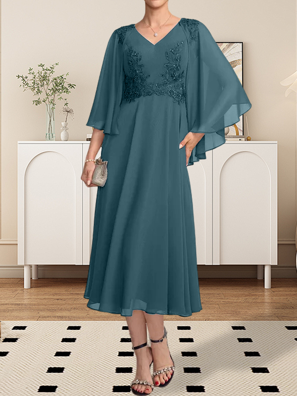 A-Linie, V-Ausschnitt, knielang, Chiffon, Spitze, Kleid für die Brautmutter mit Perlen und Pailletten