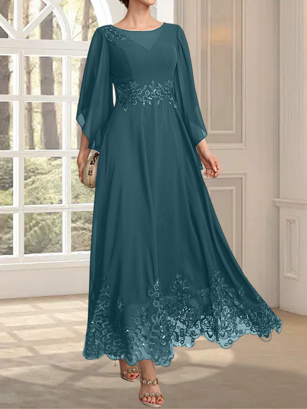 Robe de mère de la mariée en mousseline de soie à dentelle, longueur cheville, illusion décolleté en forme de A, ornée de paillettes