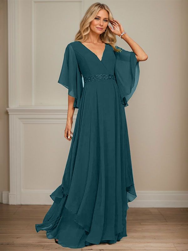 A-Linie V-Ausschnitt Bodenlang Chiffon Kleid für die Brautmutter mit Pailletten Applikationen Spitze Perlen 