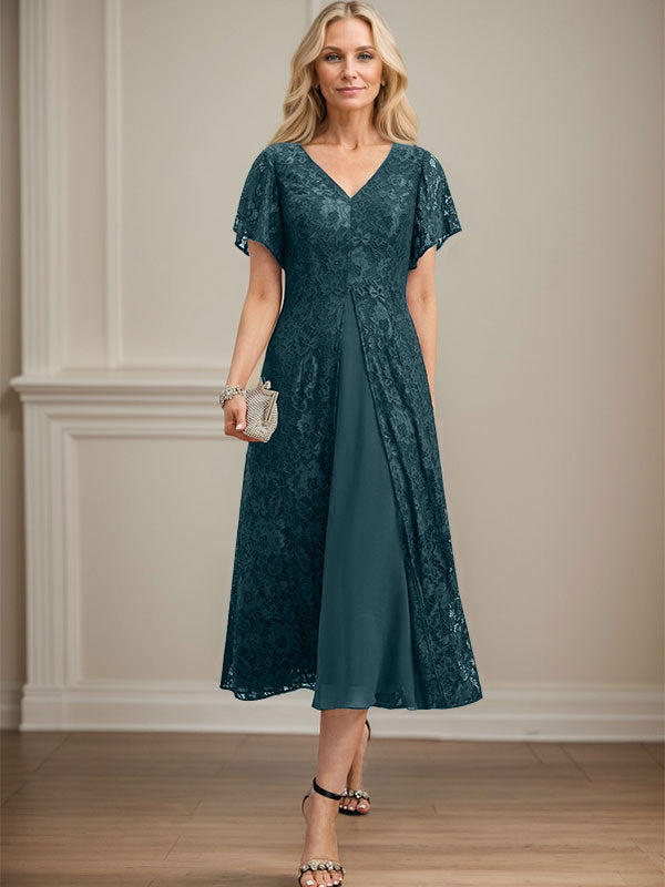 A-Linie V-Ausschnitt Wadenlanges Chiffon-Kleid für die Brautmutter 