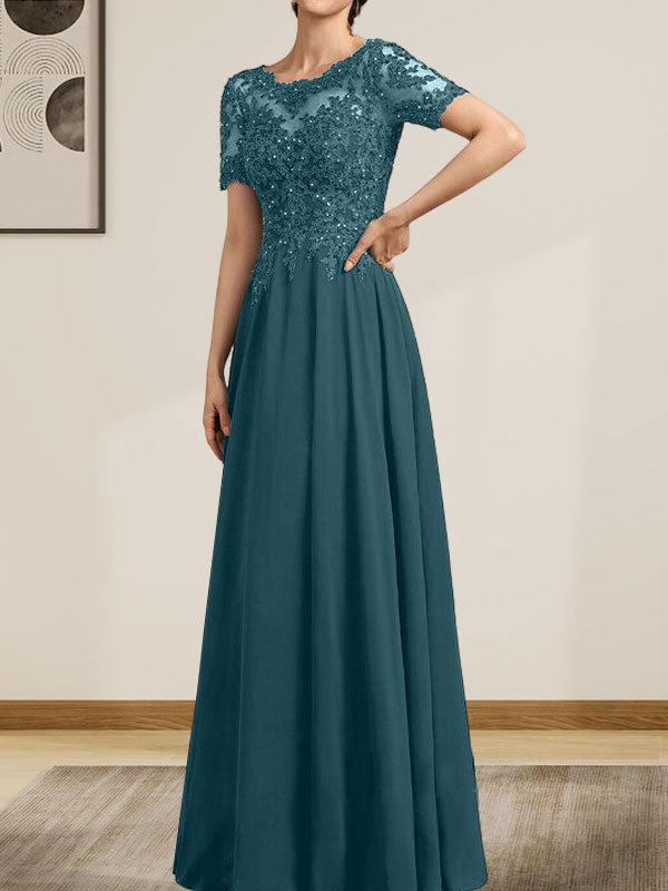 A-Linie U-Ausschnitt Illusion Bodenlang Chiffon Spitze Mutter der Braut Kleid mit Pailletten Perlen