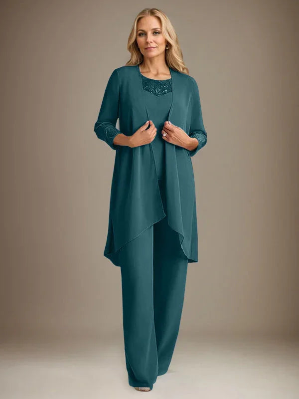 بدلة بنطلون الأم العروس بأكمام طويلة من الشيفون وياقة دائرية مع سترة