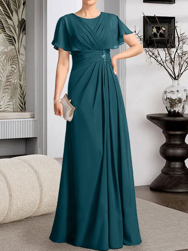 Robe de mère de la mariée en mousseline, longueur au sol, en ligne A, décolleté arrondi, ornée de perles plissées