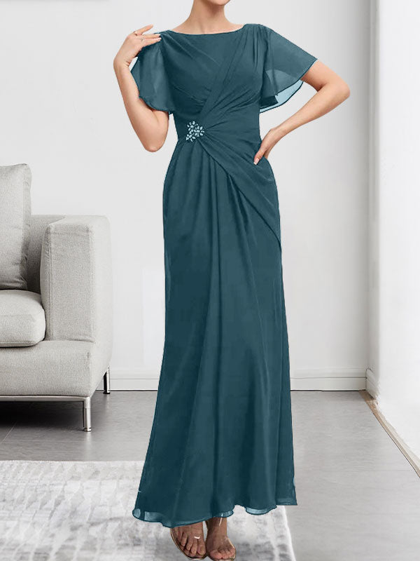 Robe de mère de la mariée en mousseline, longueur cheville, en ligne A, encolure dégagée, ornée de perles et plissée