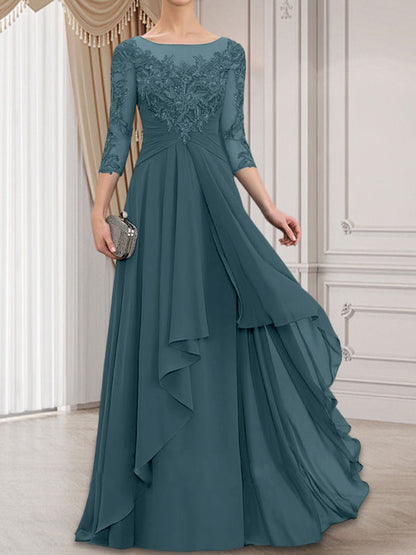 A-Linie, U-Ausschnitt, Illusion, bodenlanges Chiffon-Kleid für die Brautmutter mit kaskadierenden Rüschen