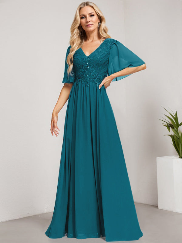 A-Linie V-Ausschnitt Bodenlanges Spitzen-Chiffon-Kleid für die Brautmutter mit Pailletten 