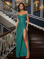 Red Sequin Strapless Sweetheart Prom Gown with High Slit
