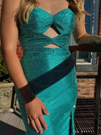 Light Yellow Mermaid Strapless Beaded Prom Dress With Keyholes