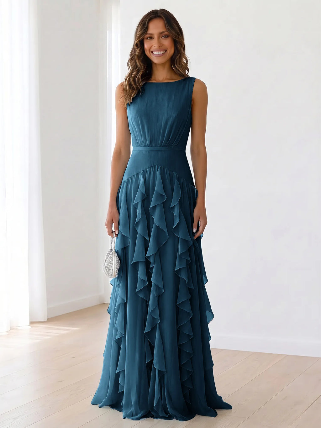 Sky Blue Tiered Chiffon Evening Maxi Dress With Ruched Bodice