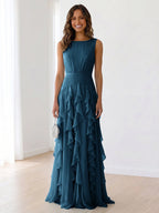 Sky Blue Tiered Chiffon Evening Maxi Dress With Ruched Bodice
