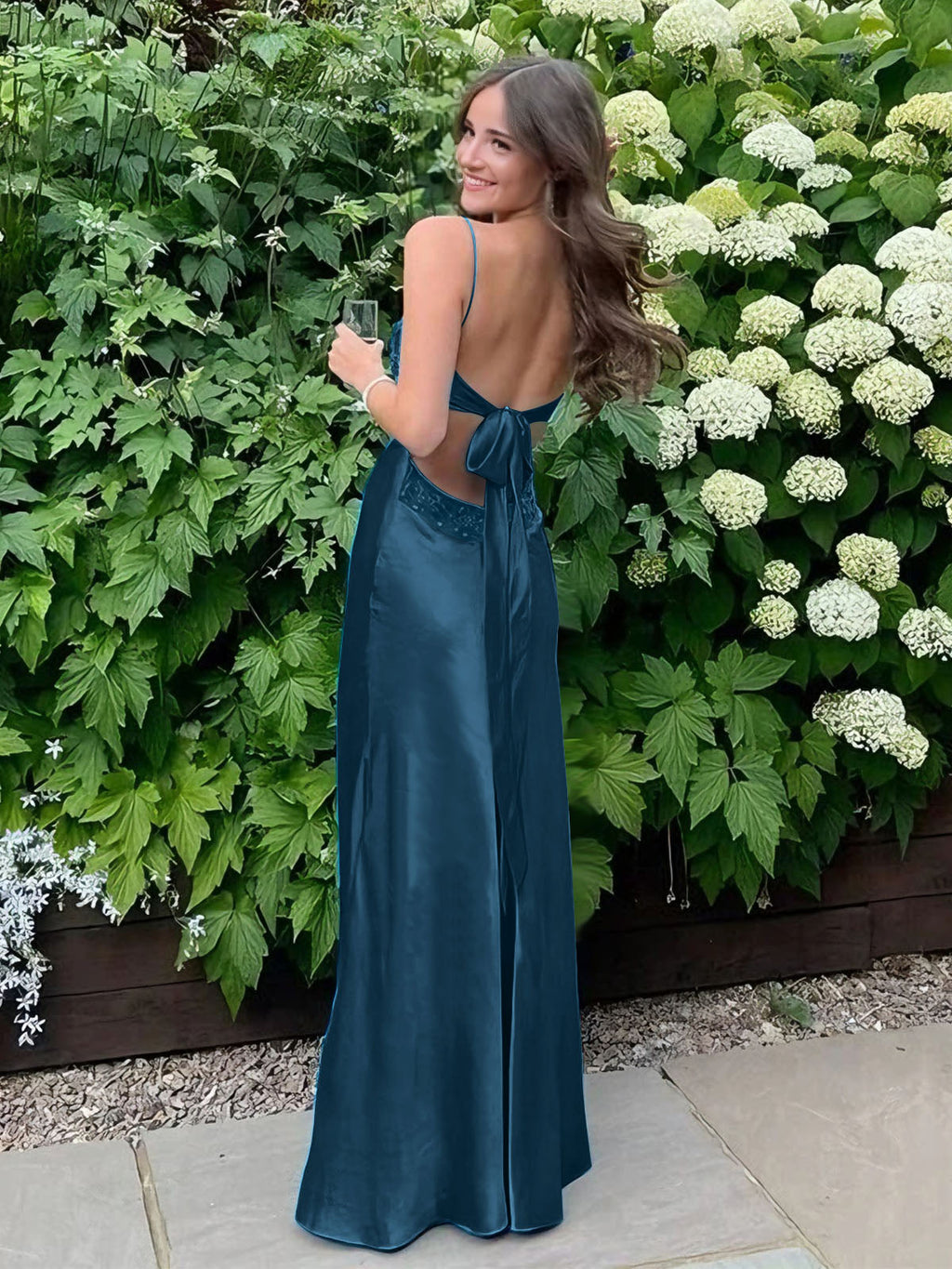 Blue A Line V Neck Beaded Back Tie Long Prom Dress