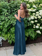 Blue A Line V Neck Beaded Back Tie Long Prom Dress