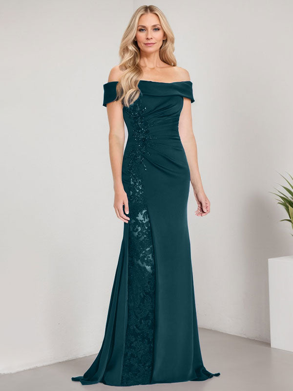 Robe de mère de la mariée longue jusqu'au sol, ligne A, épaules dénudées, appliques et perles, robe sirène avec fente haute