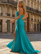 Yellow Beaded Halter Corset Prom Dress With High Slit