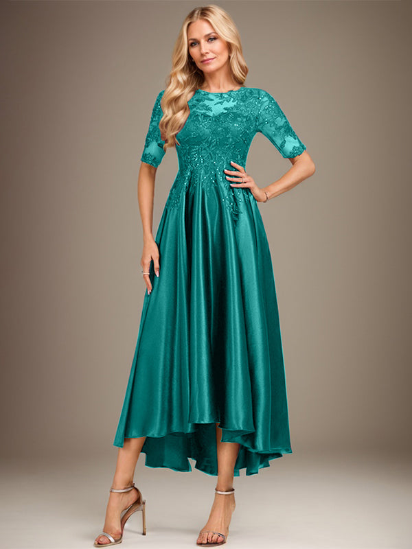 A-Linie, U-Ausschnitt, Illusion, asymmetrisch, Stretch-Satin, Spitze, Kleid für die Brautmutter mit Pailletten 