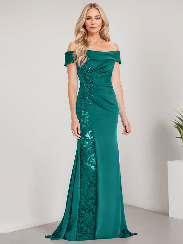 Robe de mère de la mariée longue jusqu'au sol, ligne A, épaules dénudées, appliques et perles, robe sirène avec fente haute