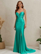 Peacock Beaded Corset Ruched Satin Mermaid Prom Dress With Slit