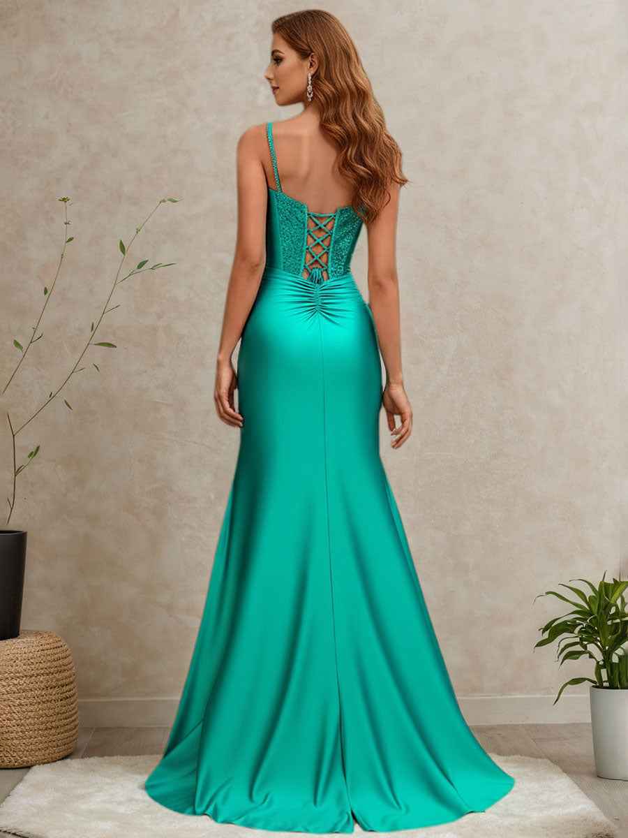 Peacock Beaded Corset Ruched Satin Mermaid Prom Dress With Slit